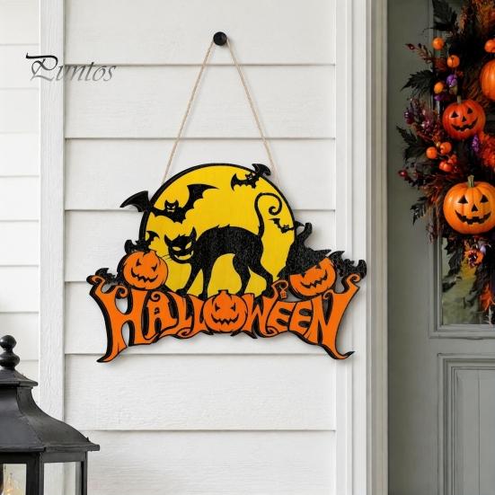 Handmade Hemp Rope Pendant Halloween Wood Door Hanger Sign, Pumpkin And Black Cat Printed, with Unique House Ornament Lanyard, Decorative Wall