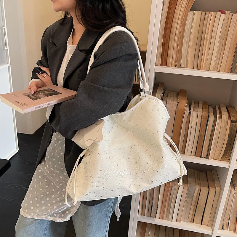 Star Print Tote Bag for Women Fashion Handbag with Star Charm Drawstring Detail