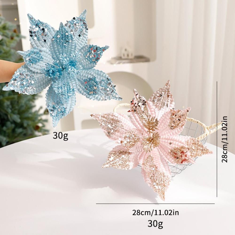 Christmas Gifts Artificial Poinsettia Glitter Flower Xmas Tree Decoration 28cm 3D Simulation Magnolia Flannel Pink Blue