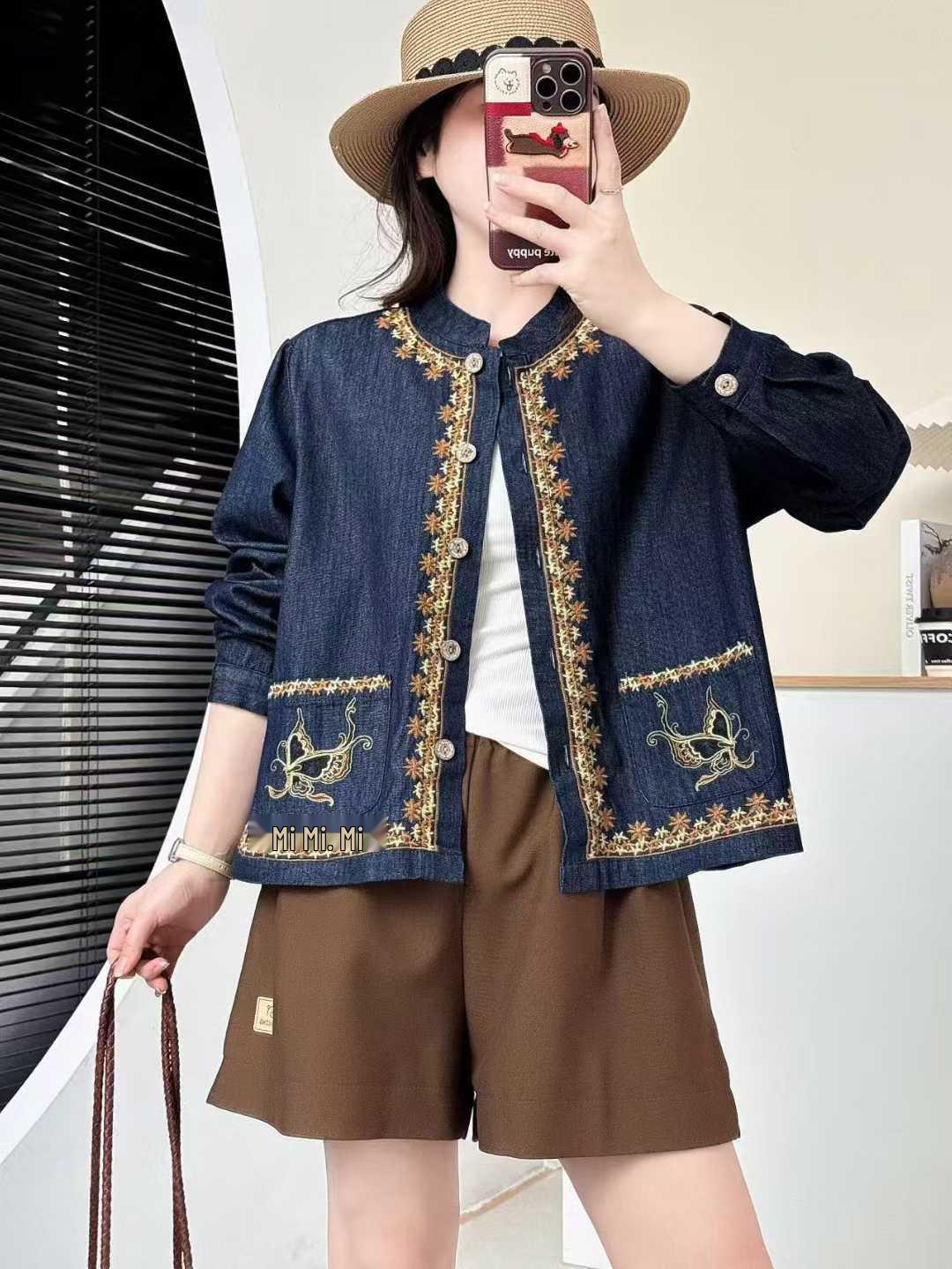 Spring 2026 Women s Casual Floral Embroidered Loose Shirt with Stand Collar One Size