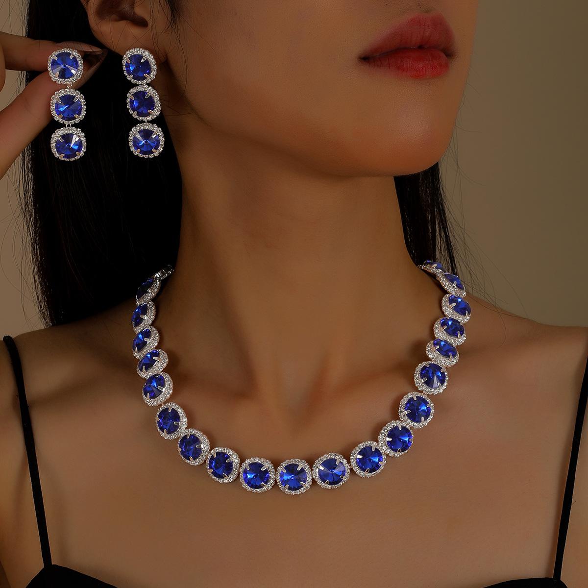 

2026 European and American Gemstones Round Diamond Necklace Earrings Set High Luxury Bridal Jewelry Set Accessories Women 45CM
