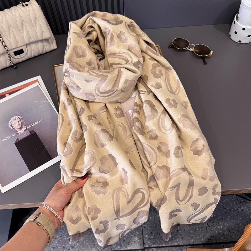 Premium autumn and winter sense retro leopard print love print fringed scarf women's autumn and winter versatile Tencel cotton shawl