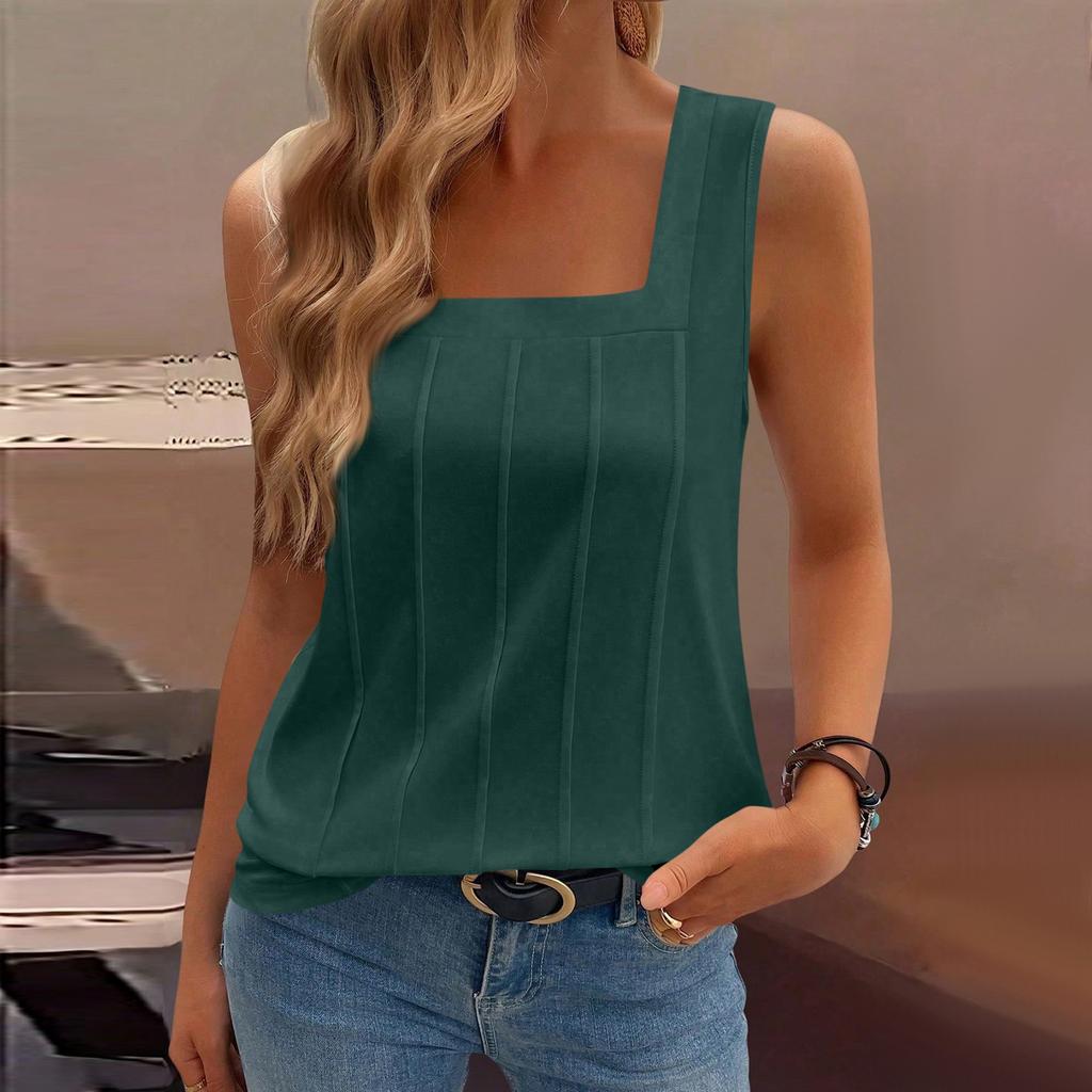 Women's Casual Fashion Square Neck Pleated Knit Sleeveless Vest Top