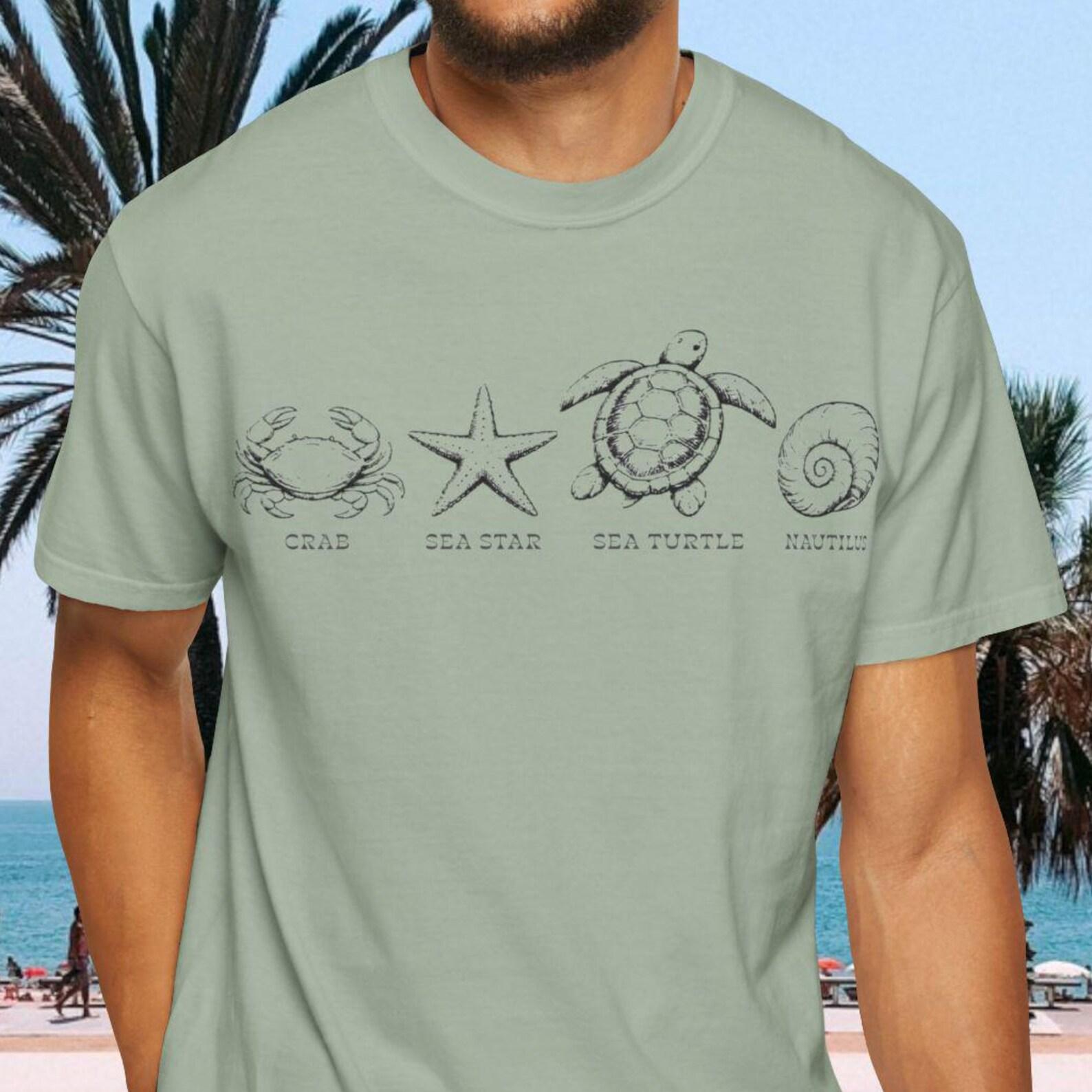 Comfort Colors Sea Life Shirt, Marine Life T shirt, Sea Turtle Shirt, Crab Tee, Nautilus T shirt, Ocean Lover Tee, Coastal Field Guide Gift XL