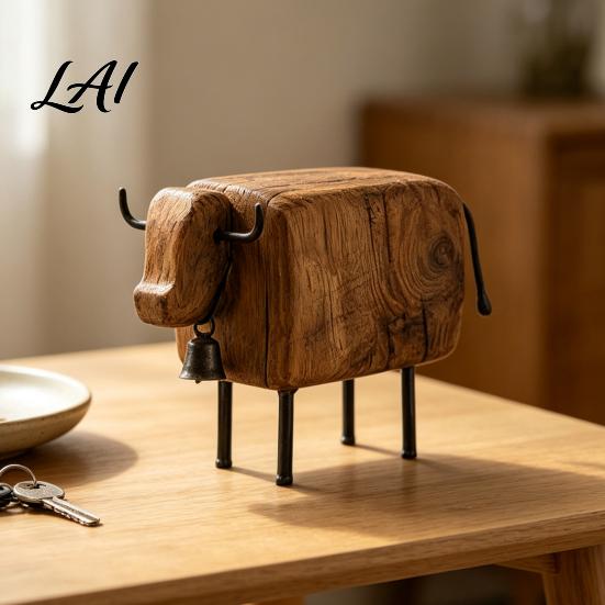 Cute Sheep Statue for Entryway Rustic Figurine with Bell Faux Wood Resin Farmhouse Lamb Statue Stable Sculpture Table Vintage Country Style Desktop