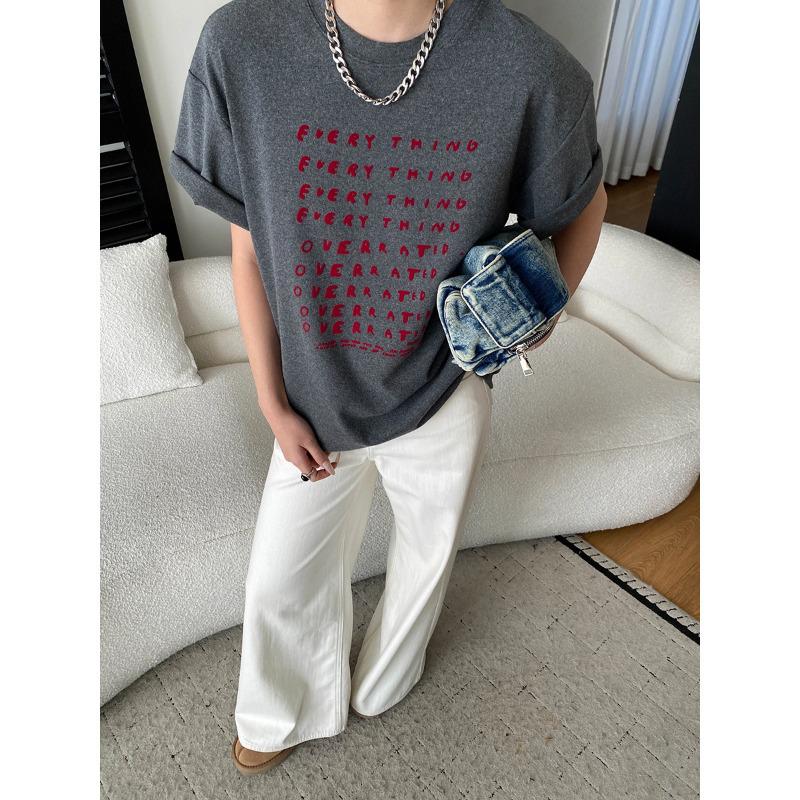 Sinan Relaxed-Fit Lazy Letter Print Brushed Round Neck T-Shirt SN8484 One Size темно-серого