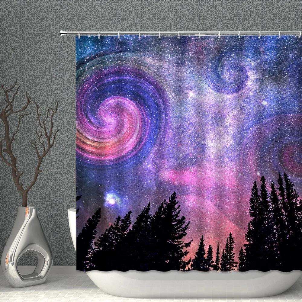Galaxy Night Starry Sky Shower Curtains Waterproof Cloth PurpleBlue  Universe Elk Bath Screen Curtain For Bathroom Bathtub Decor