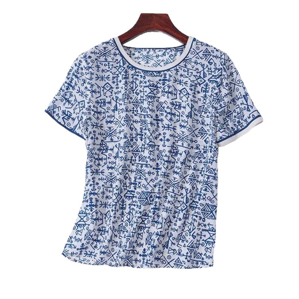 Silk top women's printed silk shirt casual mulberry silk short-sleeved shirt can match pants