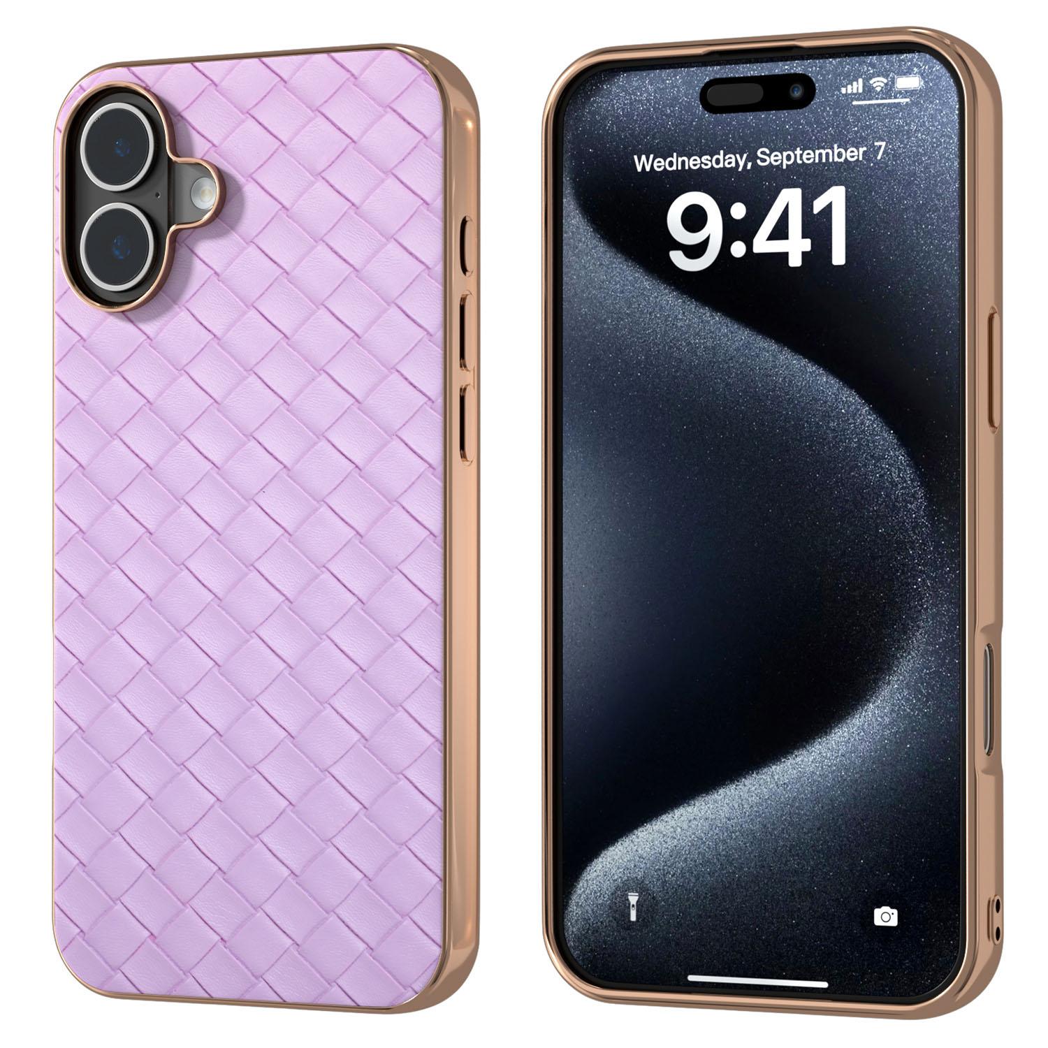 

For iPhone 16 Plus Case Woven Texture Electroplating Edge Leather Coated PC+TPU Phone Cover Purple