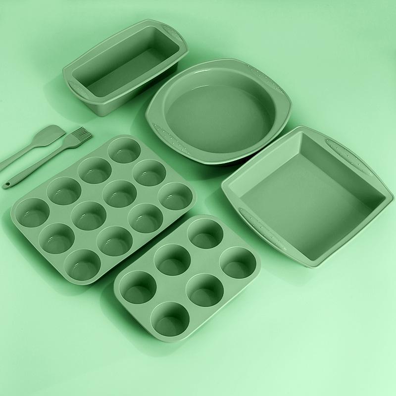 

Food Grade Silicone Baking Set Cake Muffin Brush Spatula Tool 7in1 Bakeware BPA Free Round/Square Cake Pan Loaf Pan for Bread зелёный
