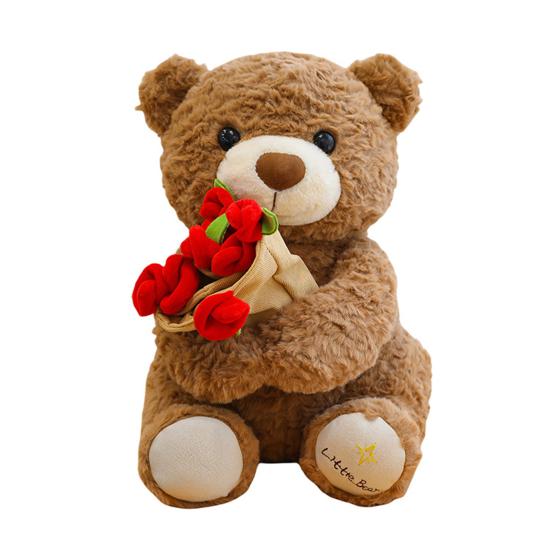 Rose Bear Plush Toy Cute Teddy Bear Holding Flower Bouquet Soft Stuffed Animal Gift for Valentine's Day