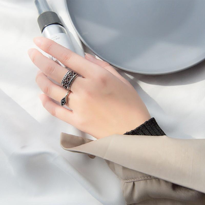 Adjustable Open Ring Couples Punk Style Black Zircon Geometric Design Unisex Plated Finger