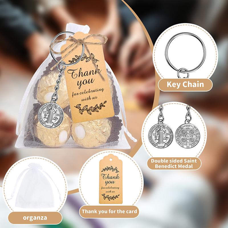 Baptism Key Ring Double Sided St Benedict Medal Keychain With Organza Gift Bags - 24 Sets First Communion Favors For Guests