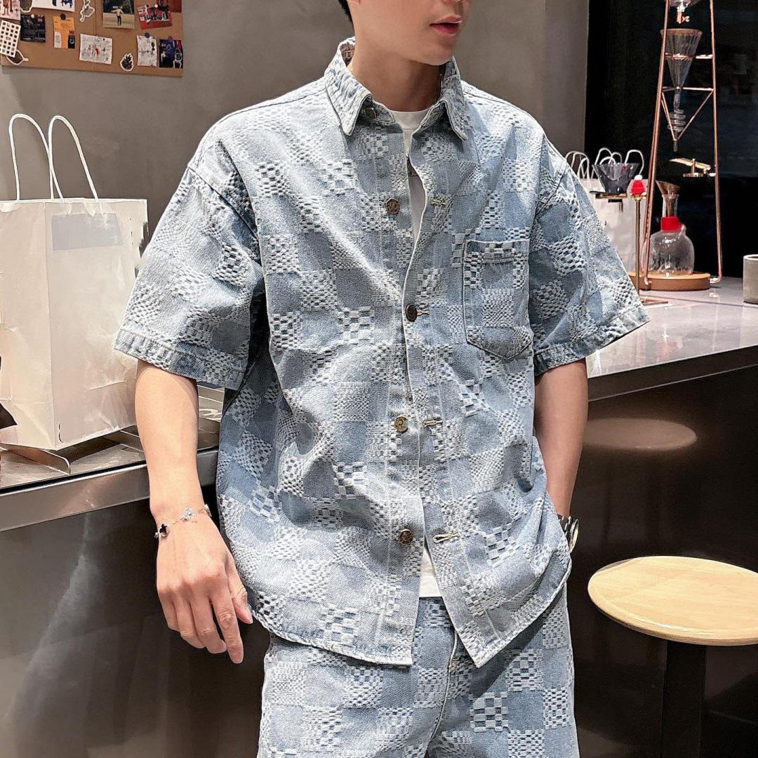 

2025 Early Spring Plaid Jacquard Denim Shirt & Shorts Set M