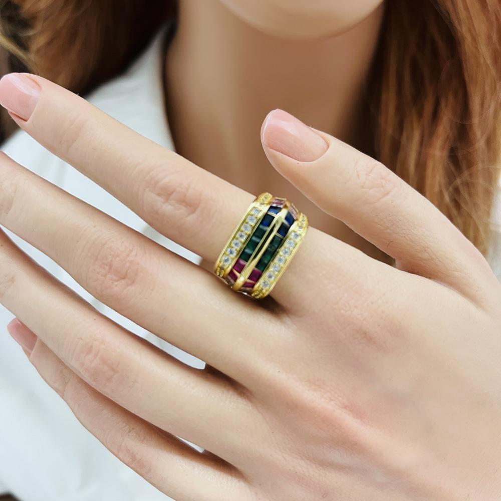 Inel cu zirconiu curcubeu placat cu aur de 18K - Design în stil rece european și american pentru femei