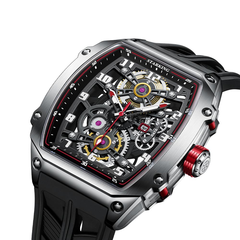 STARKING MIYOTA 6T15 Automatic Mechanical Watch Skeleton Dial Silicone Band Waterproof Luminous Tonneau Design Men's Wristwatch