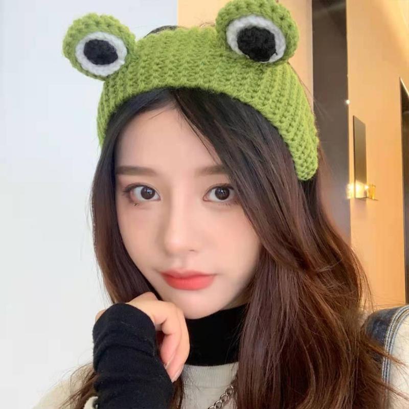 Knitted Animal for Frog Headwear Cartoon Big Eyes Hairband Cute Photo Props Fancy Dress Halloween Cosplay Accessories