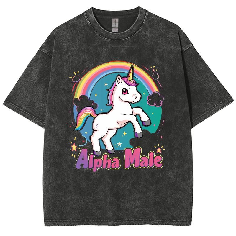 Rainbow Pony Print Women's T-Shirt Washed Denim Comfortable Oversized Short Sleeve Cute Casual Youth Beautiful Teen Top