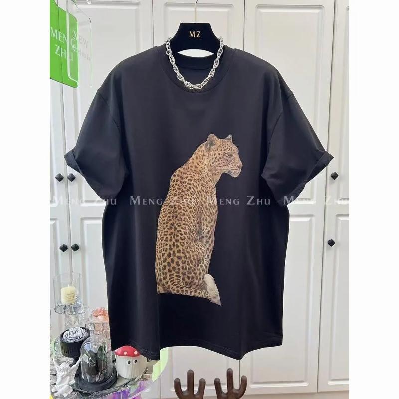 Men's Oversized Grey Leopard Print T-Shirt Short Sleeve Casual Cotton Tee Streetwear Top