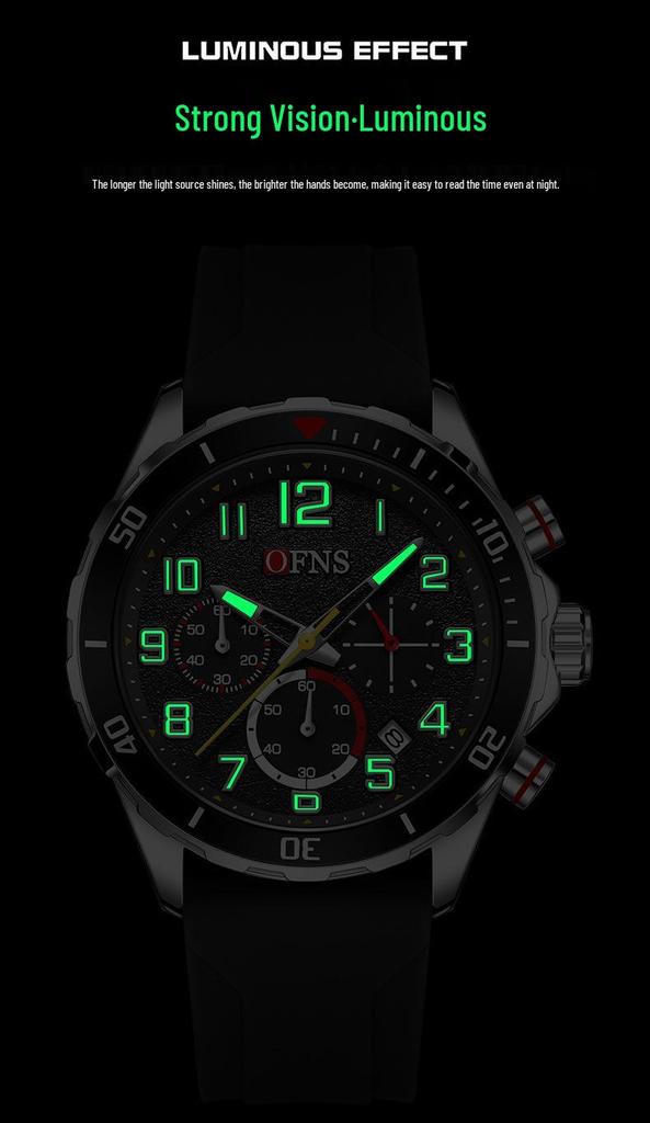 OFNS Men's Waterproof Quartz Chronograph with Silicone Strap and Steel Band, Business Calendar, and Small Second Display.