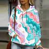 Women Plus Size Wave Printed White Long Sleeve Drawstring Hoodie Pullover With Kangaroo Pocket