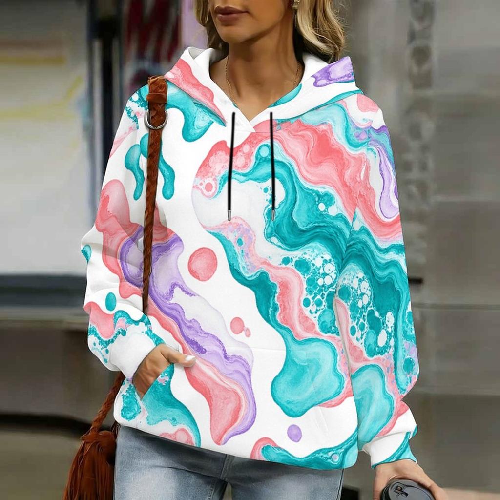 Women Plus Size Wave Printed White Long Sleeve Drawstring Hoodie Pullover With Kangaroo Pocket