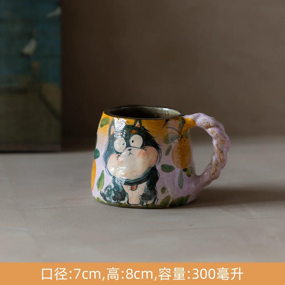 Cute Cat Ceramic Mug,Vintage Hand-Painted Ceramic Mug, Retro Floral Coffee Cup, Handmade Art Teacup for Home Office
