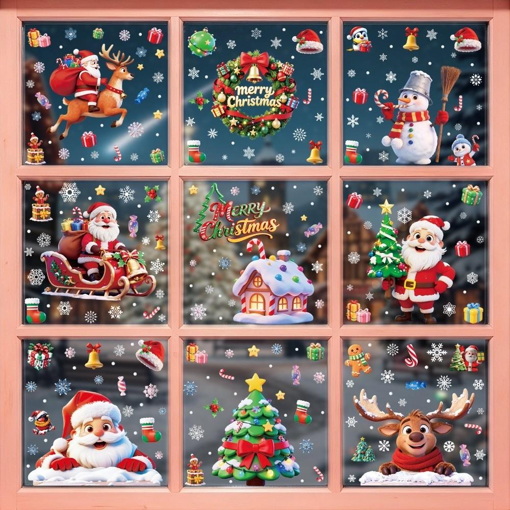 Snowflake Santa Snowman Cartoon Santa Glass Decals Decorative Static Sticker Party Supplies