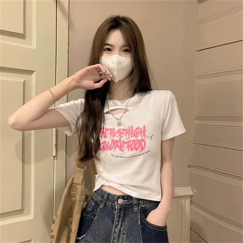 American Spice Girl Short Sleeve T-Shirt Women's Summer New Design Sense Niche Front Shoulder Skinny Short Top Ins Trend