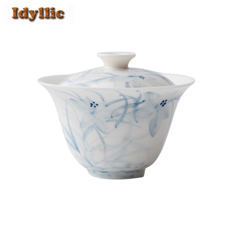 120ml Hand-painted Blue And White Gaiwan Vintage Tea Tureen Household Tea Bowl With Lid Kit Tea Maker Cover Bowl Tableware Gift