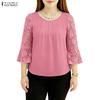 ZANZEA Women Casual Round Neck Loose Lace Splice 3/4 Sleeve Blouse