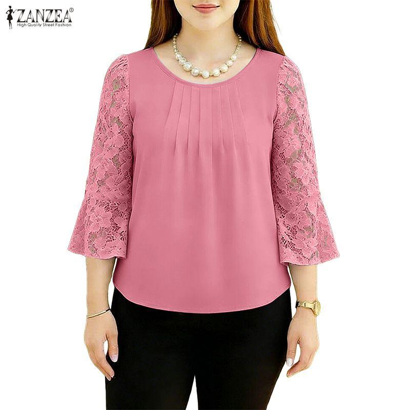 ZANZEA Women Casual Round Neck Loose Lace Splice 3/4 Sleeve Blouse