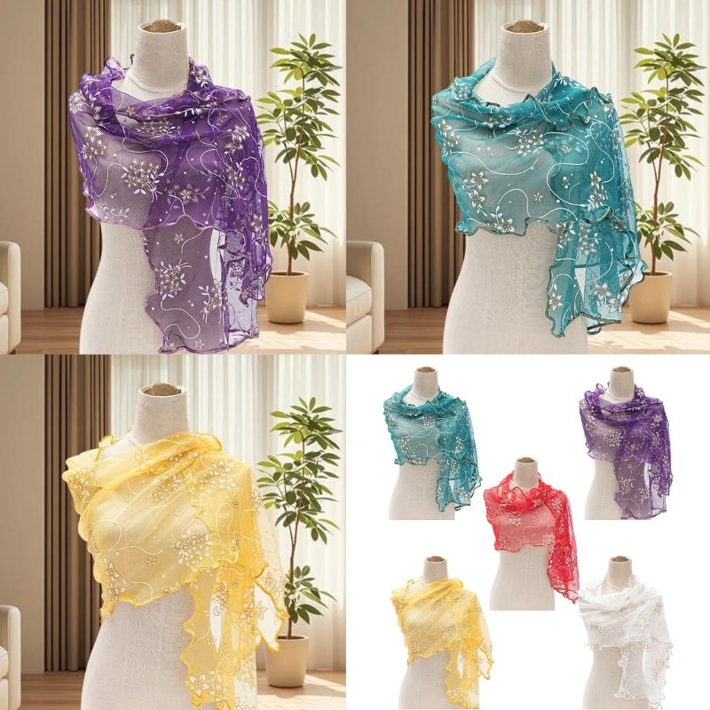 Floral Lace Scarf Elegant Women Accessory Soft Silk Like Polyester Lightweight For Daily Wear