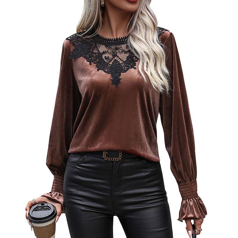 Modische und lässige Temperament Herbst Damen Spitze Spleißen Langarm Samt Bluse weiblich