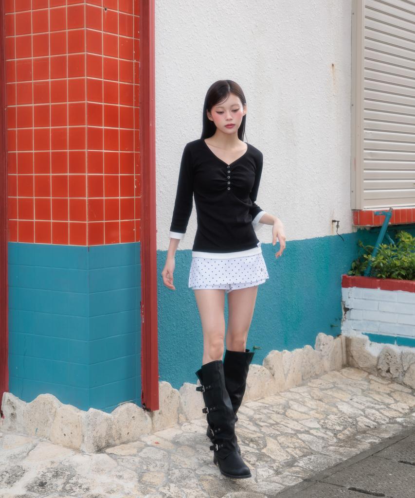 ROSEFRANTZ Shirring Button Layered Long Sleeve [Black]