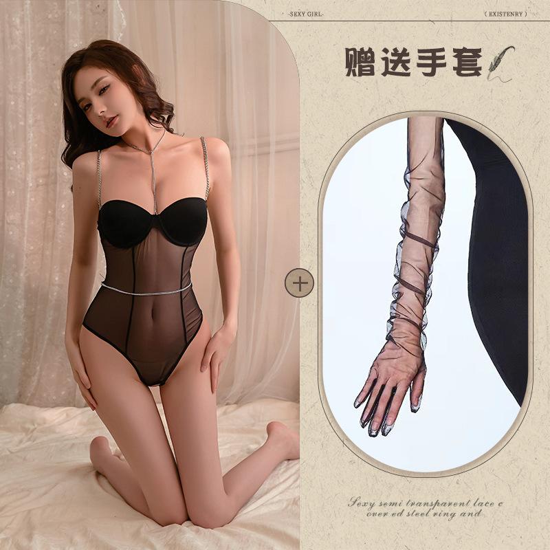 Fishbone waist chain suspender onesie sexy mesh splicing waist tight