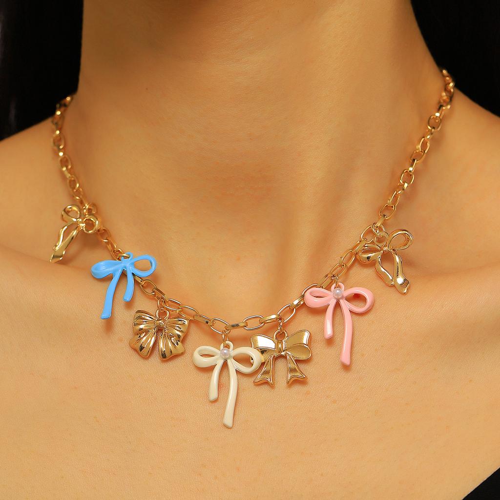 Summer Fashion Dopamine Colorful Drip Oil Bow Pendant Necklace Bracelet Anklet Set for Women Sweet Girl Vacation Jewelry Sets
