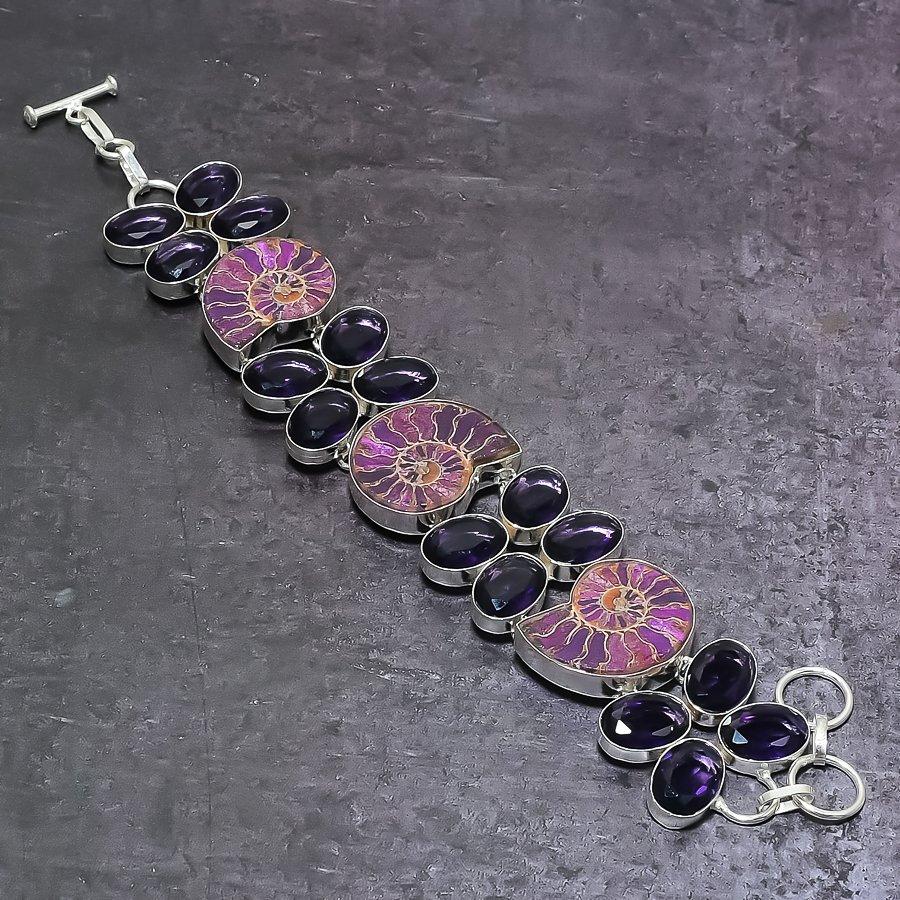 Ammonite Fossil, Amethyst Gemstone 925 Sterling Silver Bracelet 7-8" a5V46