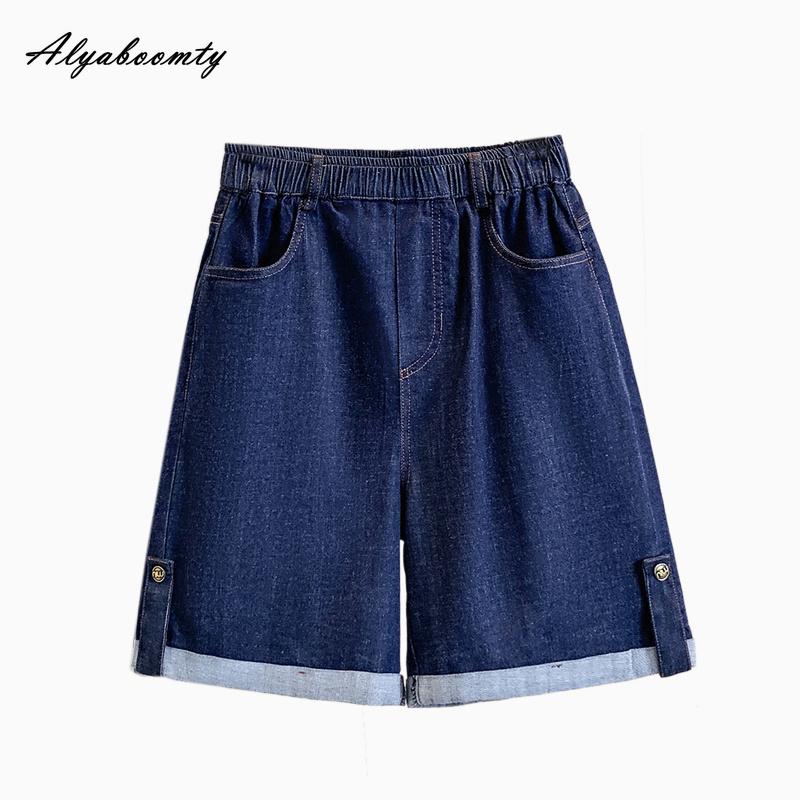 Koreanischer Stil Übergröße Sommer Damen Kurze Jeans Elastischer Bund Lässig Locker Blaue Denim Caprihosen Basic Damen Weites Bein Caprihosen XL-5XL
