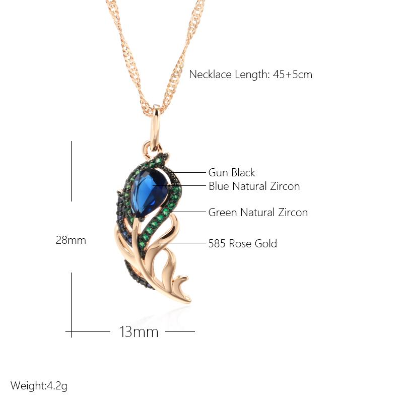 Blue Natural Zircon Pendant Necklace For Women  Rose Gold And Black Plating Vintage Crystal Leaf Daily Fine Jewelry