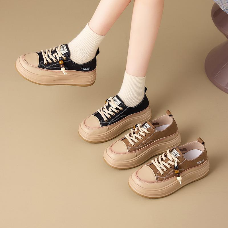 Retro Cowhide Little White Shoes Women's New Versatile Casual Muffin Board Shoes Lightweight Thick-soled Heightening Shoes Women