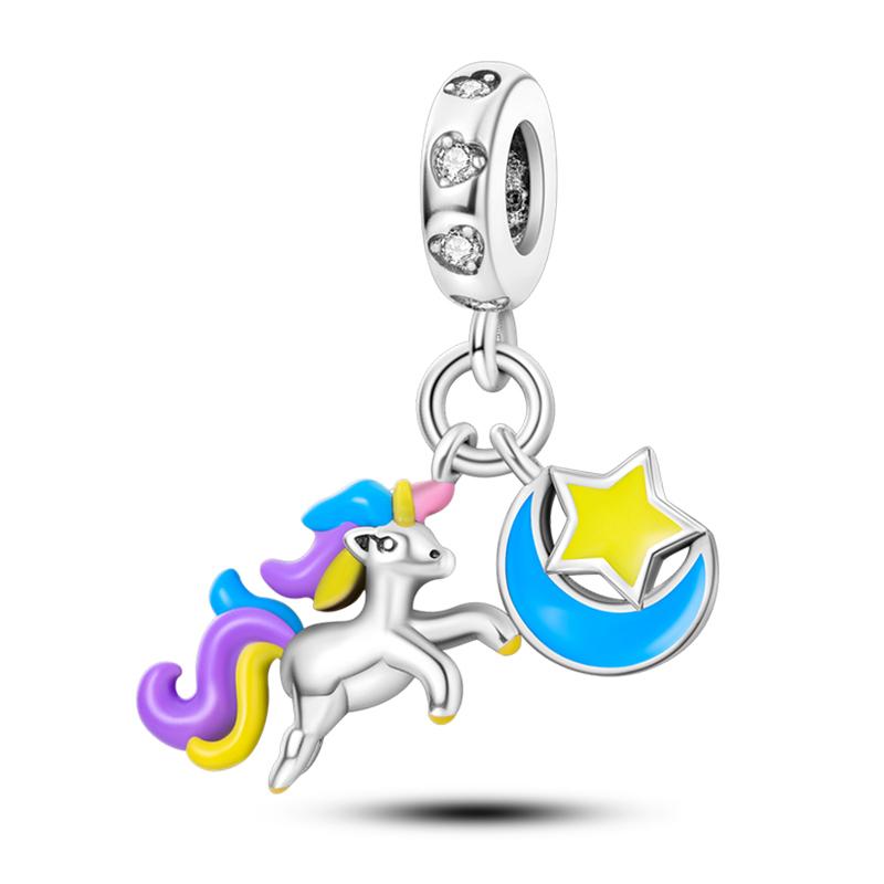 Sweet Romance 925 Silver Rainbow Unicorn Charms Beads Fit 3mm Bracelets DIY Jewelry Making Shining Dreamy