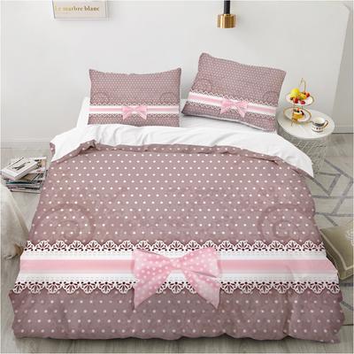 Lovely Girly Style Duvet Cover Set Pink Bowknot Theme Comforter Cover King Queen Full Size for Kids Teens Polyester Bedding Set