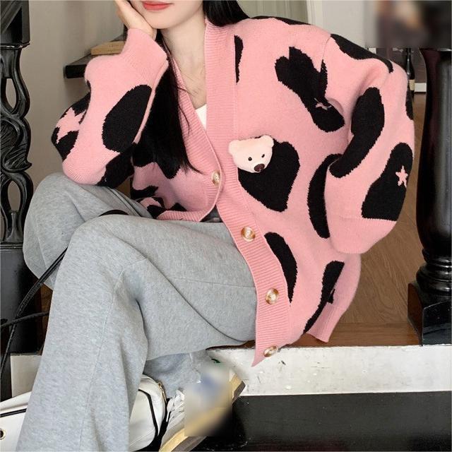 Women's Korean Style Bear Design Color Block Knit Cardigan - Soft, Loose, and Slimming for Autumn and Winter