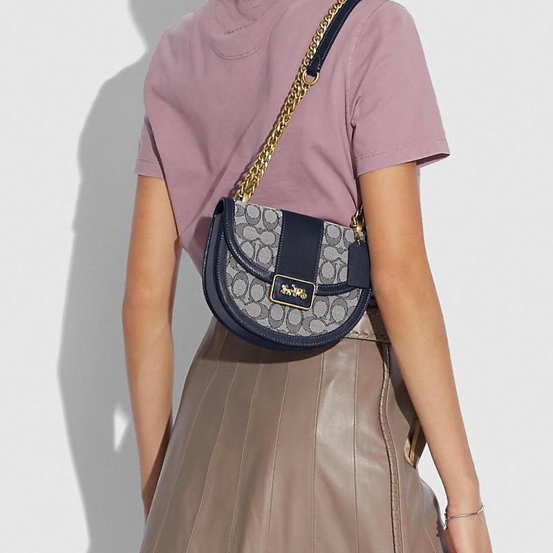 New COACH Alie Canvas With Leather Saddle Bag Shoulder Bag Crossbody Bag Small Size Women's Marine Blue C3464-B4RH3