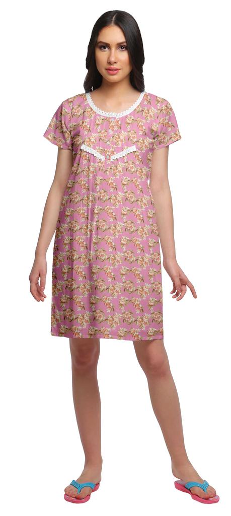 Moomaya Cotton Lace Neckline Sleepwear For Women Button Placket Nightdress