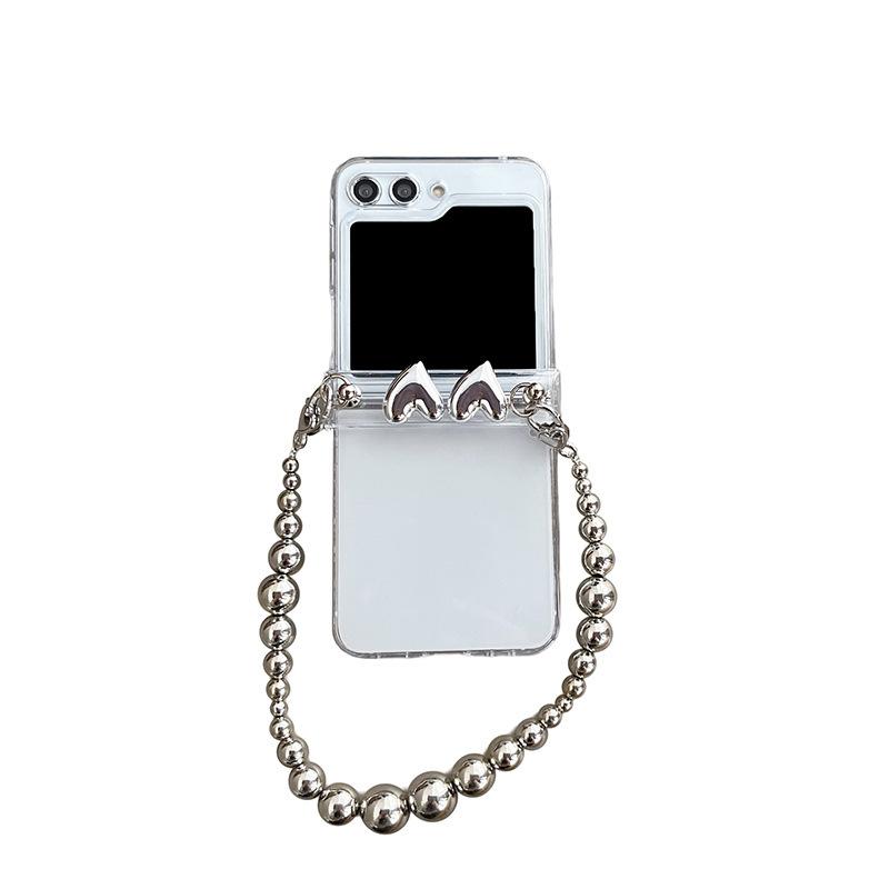 For Samsung Zflip6 Phone Case Flip Cover Folding Screen Handheld Chain Electroplated Heart-shaped Teddy Bear W24clip Transparent