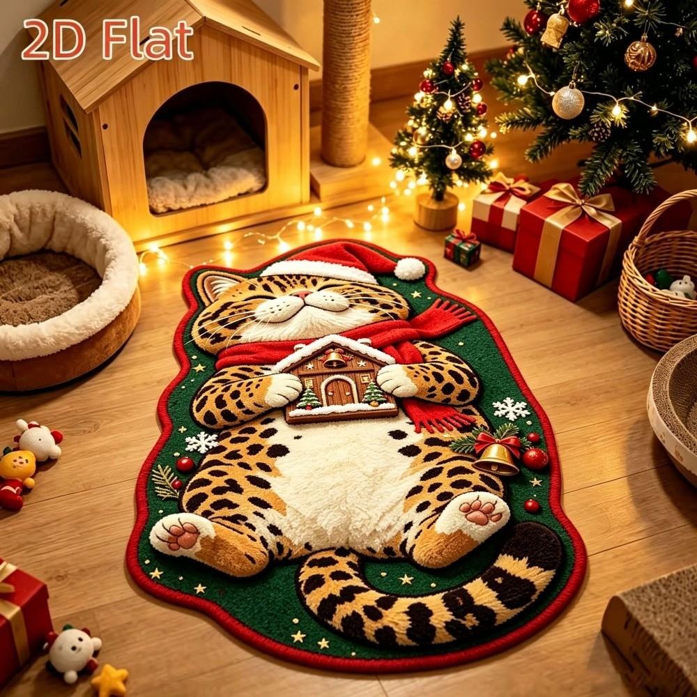 Christmas Theme Pattern Sleeping Cat Floor Mat Plush Cartoon Doormat Carpet for Living Room