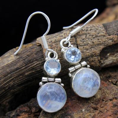 Pierre de lune, Topaze bleue Boucle d'oreille en argent, Bijou breloque en argent, Boucle d'oreille en argent pour femme, Bijou fait main en argent sterling 925, Cadeaux pour elle