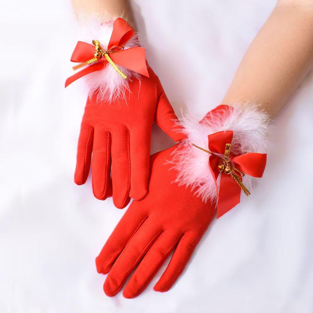 Children's Holiday Party Plush Bow Cosplay Gloves with Jingle Bells
